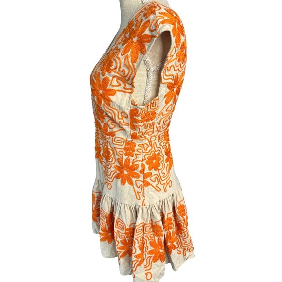 Maje Beige & Orange Embroidered Floral Sleeveless Dress Size 40 - Picture 2 of 9